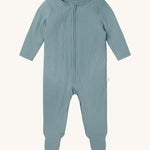 MORI two way sleepsuit in sky blue. A ribbed style all in one outfit made from bamboo and organic cotton. Features a two-way zip and concealed for safety