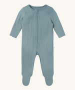 MORI two way sleepsuit in sky blue. A ribbed style all in one outfit made from bamboo and organic cotton. Features a two-way zip and concealed for safety