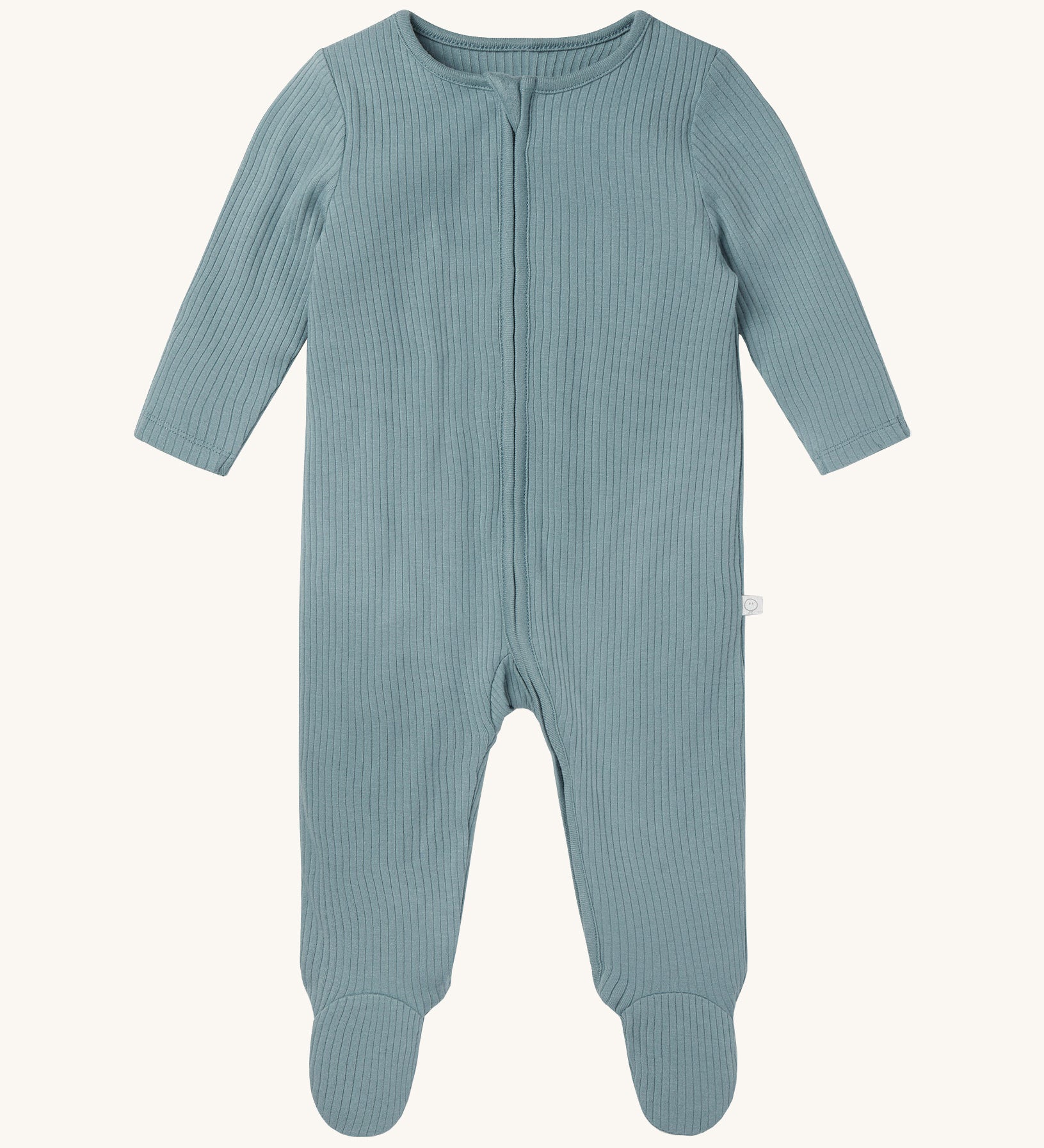 MORI two way sleepsuit in sky blue. A ribbed style all in one outfit made from bamboo and organic cotton. Features a two-way zip and concealed for safety