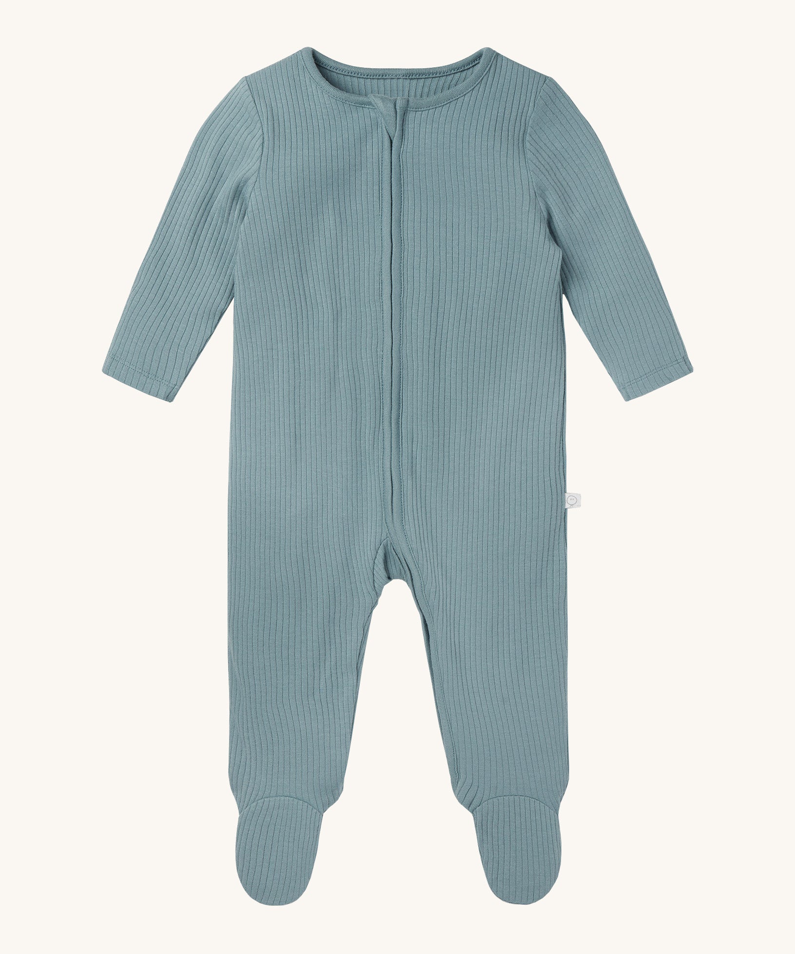 MORI two way sleepsuit in sky blue. A ribbed style all in one outfit made from bamboo and organic cotton. Features a two-way zip and concealed for safety