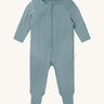 MORI two way sleepsuit in sky blue. A ribbed style all in one outfit made from bamboo and organic cotton. Features a two-way zip and concealed for safety