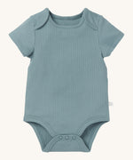 MORI short sleeve body suit in sky blue. A ribbed style bodysuit made from bamboo and organic cotton. Features 3 poppers at the crotch for easy fitting
