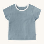 MORI short sleeve t-shirt in sage green. A ribbed style short sleeve top made from bamboo and organic cotton. Features poppers at the shoulder for easy fitting and a white neck trim