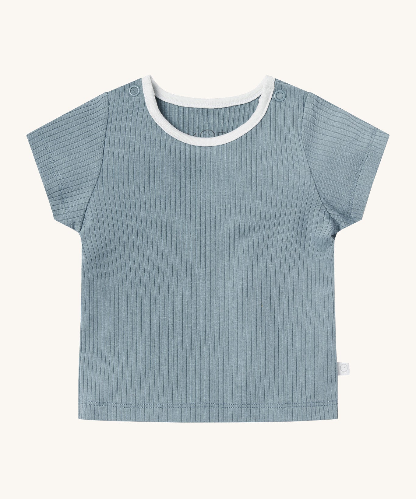 MORI short sleeve t-shirt in sage green. A ribbed style short sleeve top made from bamboo and organic cotton. Features poppers at the shoulder for easy fitting and a white neck trim