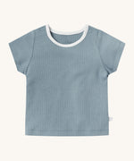 MORI short sleeve t-shirt in sage green. A ribbed style short sleeve top made from bamboo and organic cotton. Features poppers at the shoulder for easy fitting and a white neck trim