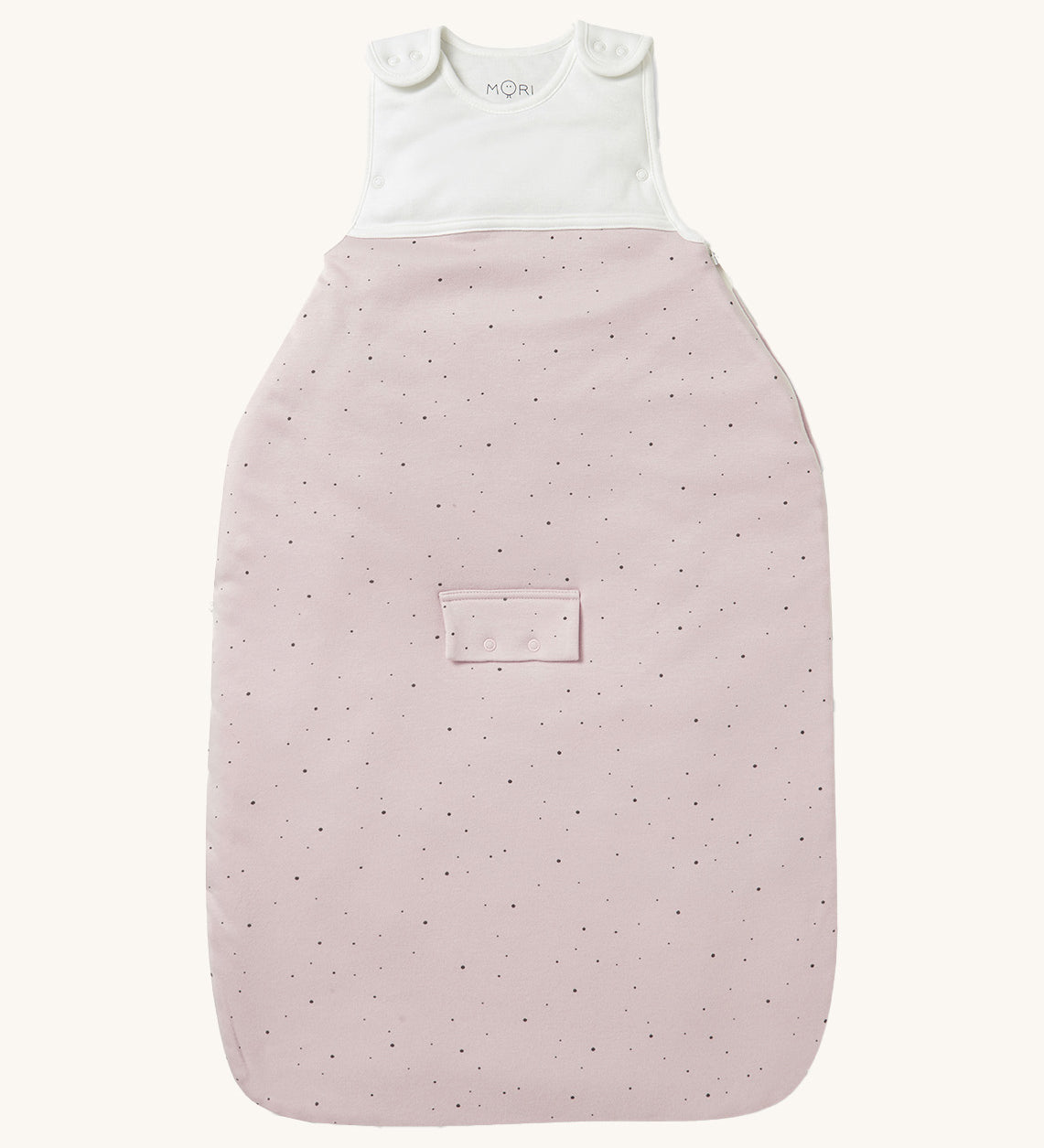 MORI baby sleeping bag in 2.5 TOG. A jersey style baby sleeping bag in light pink with black scattered dots representing dots. Showing the zip up feature open for easy changing.