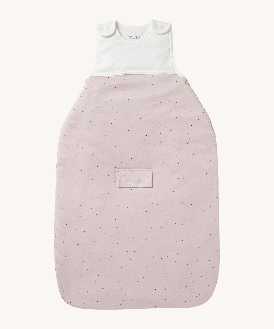 MORI baby sleeping bag in 2.5 TOG. A jersey style baby sleeping bag in light pink with black scattered dots representing dots. Showing the zip up feature open for easy changing.