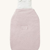 MORI baby sleeping bag in 2.5 TOG. A jersey style baby sleeping bag in light pink with black scattered dots representing dots. Showing the zip up feature open for easy changing.