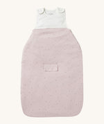 MORI baby sleeping bag in 2.5 TOG. A jersey style baby sleeping bag in light pink with black scattered dots representing dots. Showing the zip up feature open for easy changing.