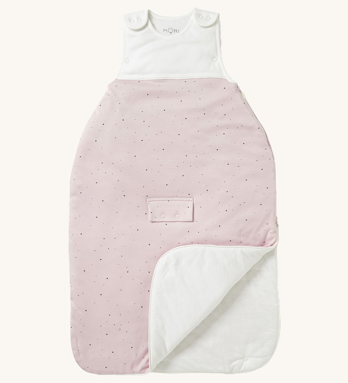 MORI baby sleeping bag in 2.5 TOG. A jersey style organic fabric baby sleeping bag in pink showing the zip up feature open for easy changing.