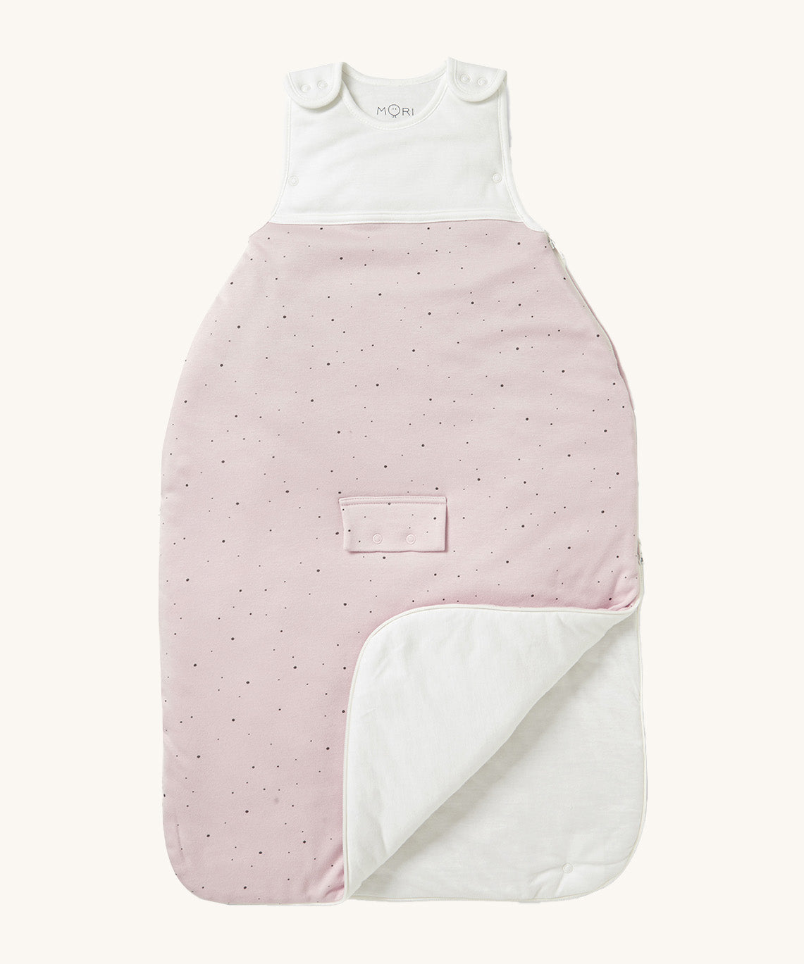 MORI baby sleeping bag in 2.5 TOG. A jersey style organic fabric baby sleeping bag in pink showing the zip up feature open for easy changing.