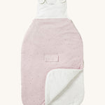MORI baby sleeping bag in 2.5 TOG. A jersey style organic fabric baby sleeping bag in pink showing the zip up feature open for easy changing.