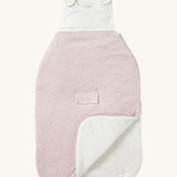MORI baby sleeping bag in 2.5 TOG. A jersey style organic fabric baby sleeping bag in pink showing the zip up feature open for easy changing.