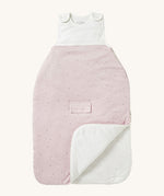 MORI baby sleeping bag in 2.5 TOG. A jersey style organic fabric baby sleeping bag in pink showing the zip up feature open for easy changing.