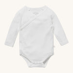MORI baby kimono bodysuit. 100% organic cotton wrap-style front kimono in white. Features poppers at the crotch for easy fitting