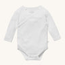 MORI baby kimono bodysuit. 100% organic cotton wrap-style front kimono in white. Features poppers at the crotch for easy fitting