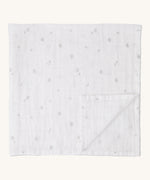 MORI muslin square in white. 100% organic cotton muslin with cute little prints of clouds and creatures in light grey