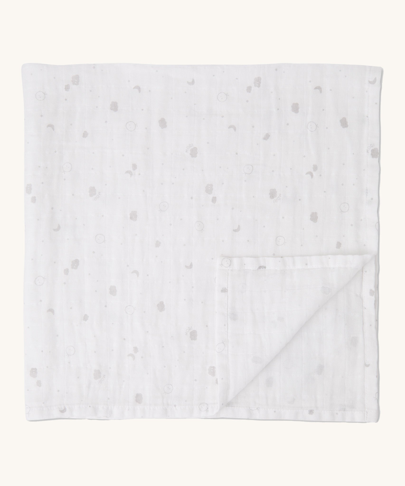 MORI muslin square in white. 100% organic cotton muslin with cute little prints of clouds and creatures in light grey