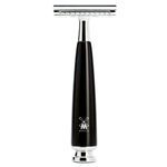 Muhle black stainless steel reusable safety razor on a white background