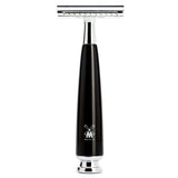 Muhle black stainless steel reusable safety razor on a white background