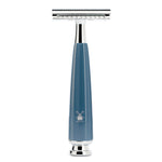 Muhle petrol blue stainless steel reusable safety razor on a white background