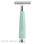 Muhle mint stainless steel reusable safety razor on a white background