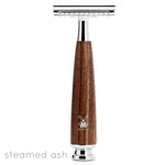 Muhle steamed ash stainless steel reusable safety razor on a white background