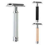 3 Muhle traditional stainless steel safety razors in the chrome, black and rose gold colours on a white background