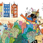 Pages of the my must have mum childrens book showing a woman sorting through a colourful pile of junk