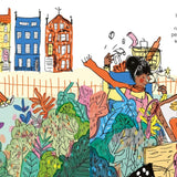 Pages of the my must have mum childrens book showing a woman sorting through a colourful pile of junk