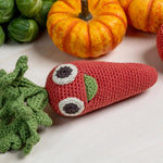 myum organic cotton soft crochet carrot laying on a white table next to an orange pumpkin and some sprouts