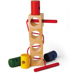 Naef Signa wooden threading stacked in a tower on a white background. Shows 4 wooden cubes stacked with 4 cyclinders surrounding tower. Thread is woven between all 4 cubes.