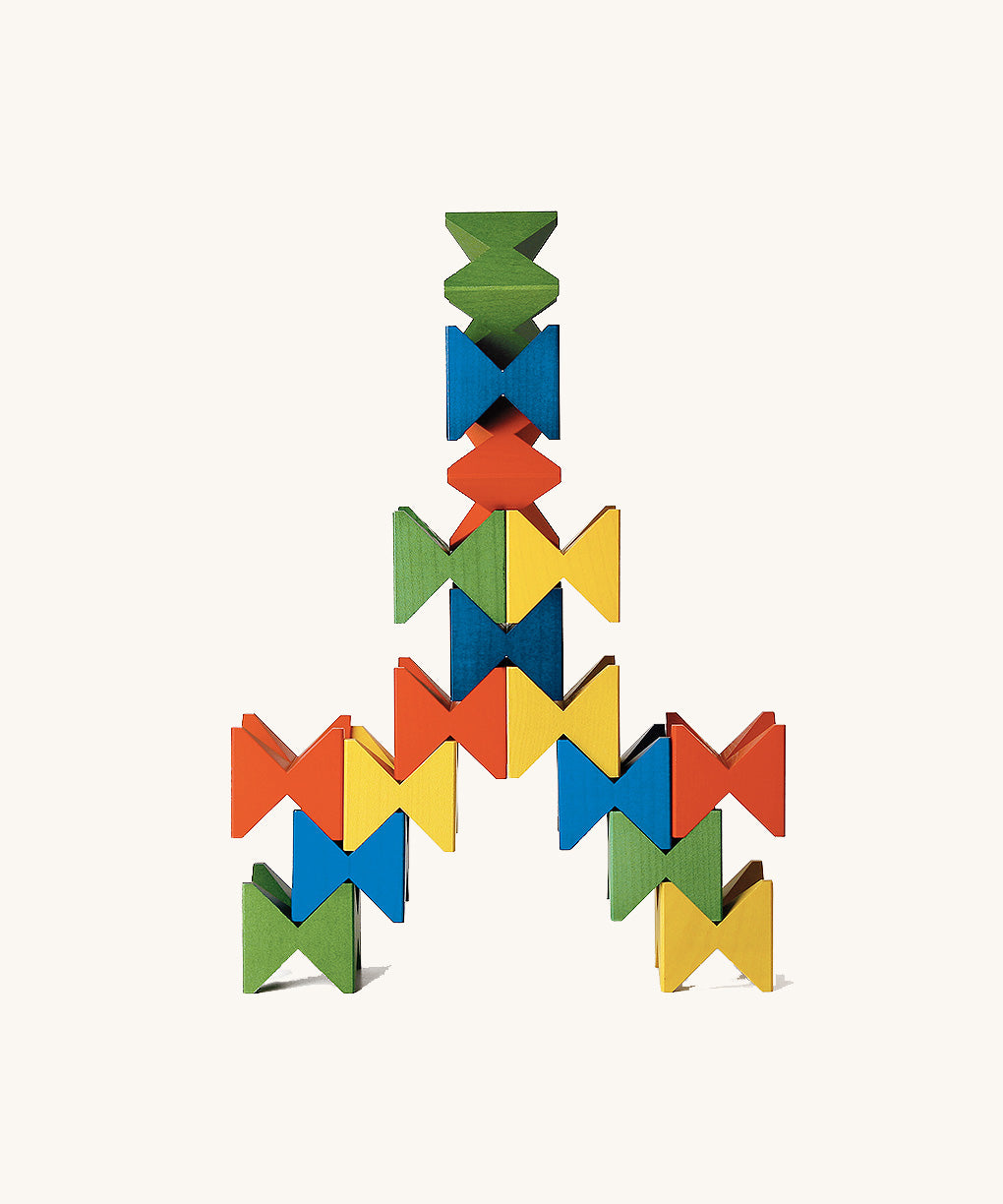 Creative geometric pattern built from Naef Spiel Mini coloured wooden cubes. Precision handcrafted German wooden stacking toy and puzzle for all ages.