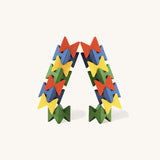 Naef Spiel Mini construction in bright primary colours forming an arch shape. High quality precision wooden stacking game handcrafted in Germany.