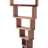 The Naef Corus wooden walnut stacking blocks, stacked high with the smallest piece on the bottom of the stack, and the largest piece balancing on the top. 