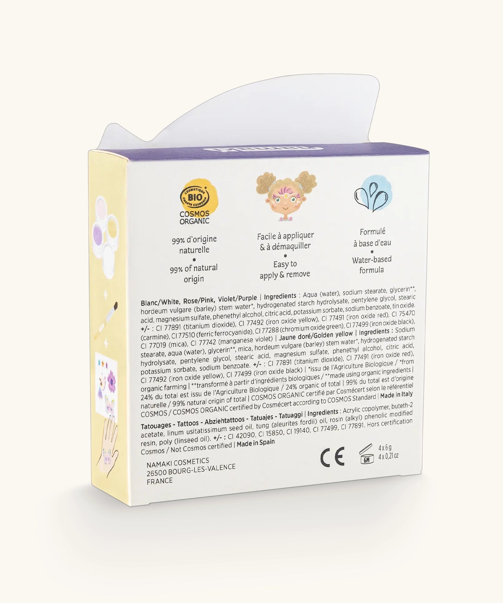 Ingredients list on the back of the pack of Namaki butterfly face painting kit with four face paints, brush and a sheet of tattoos.