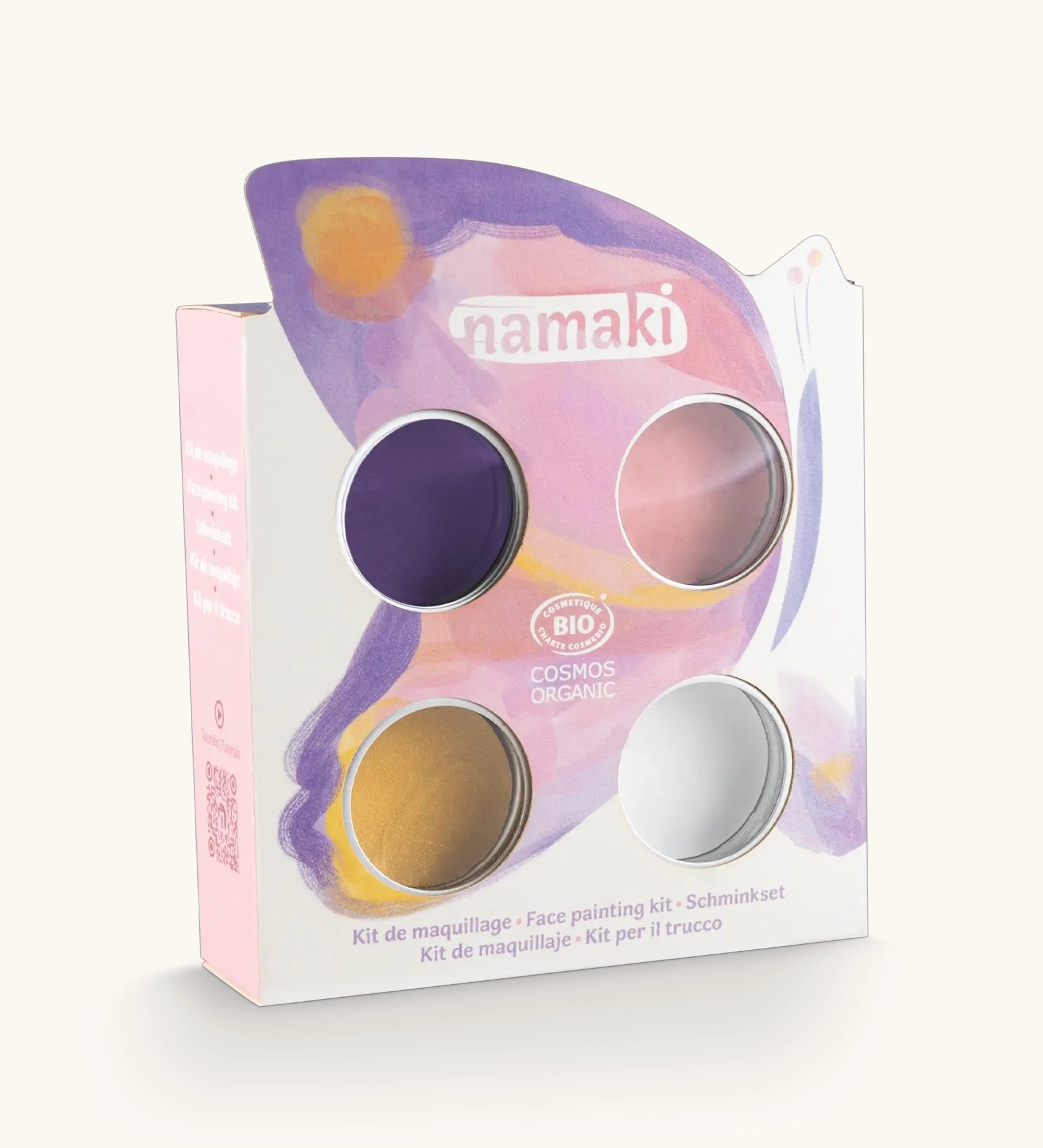 Namaki butterfly face painting kit with four face paints, brush and a sheet of tattoos.