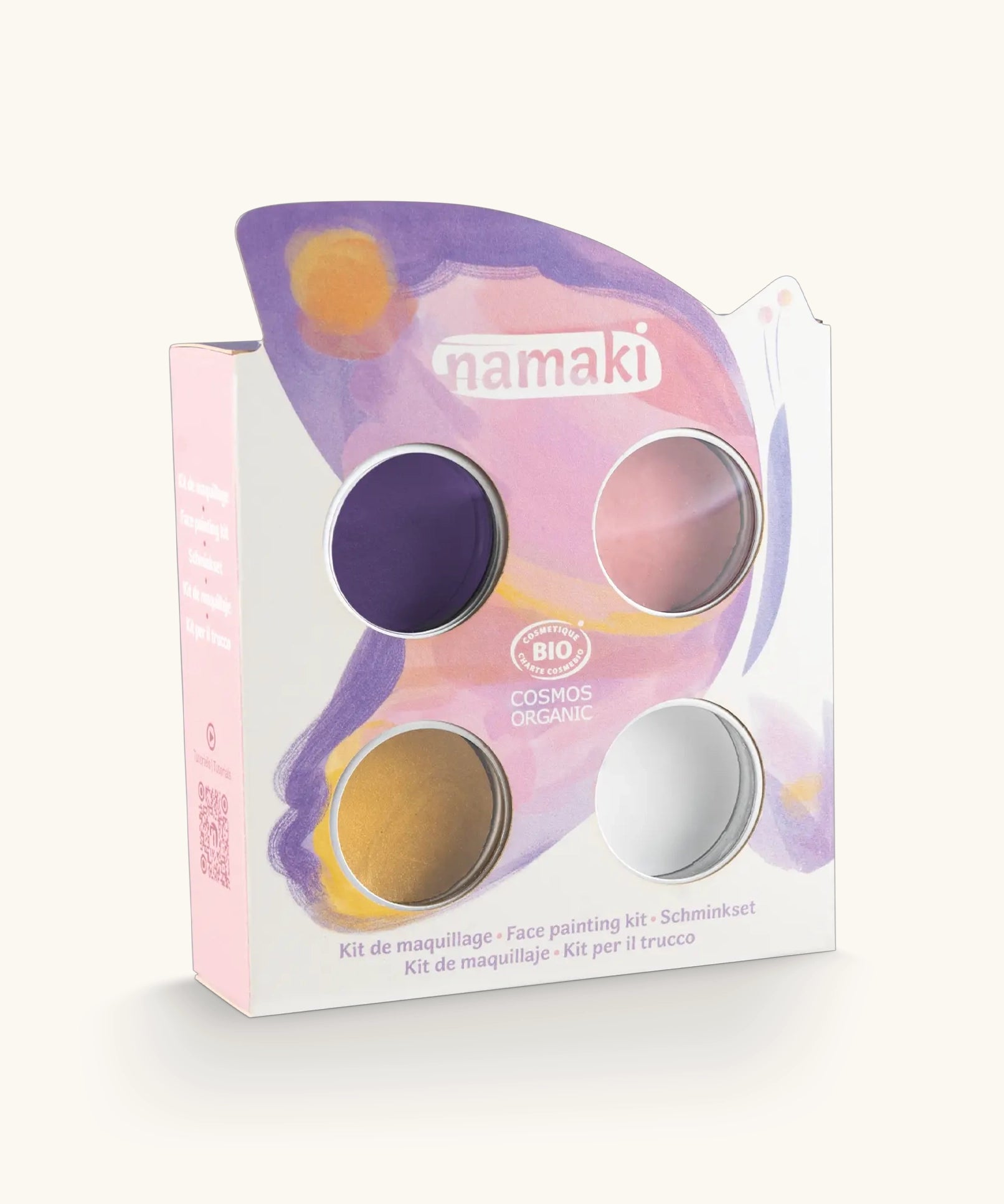 Namaki butterfly face painting kit with four face paints, brush and a sheet of tattoos.