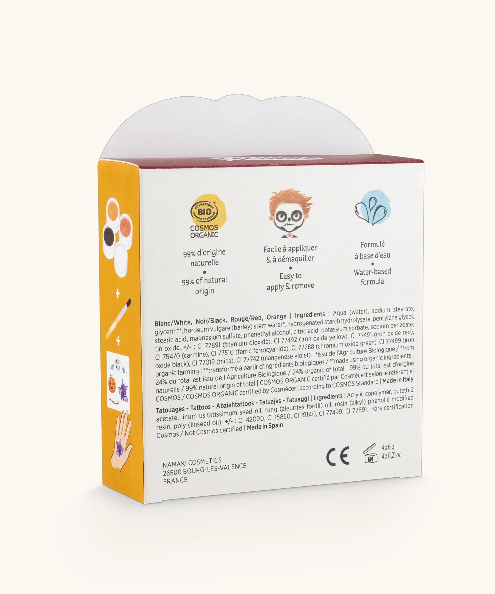 Ingredients list on the back of the Namaki Halloween face painting kit with four face paints, brush and a sheet of tattoos.