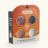 Namaki Halloween face painting kit with four face paints, brush and a sheet of tattoos.