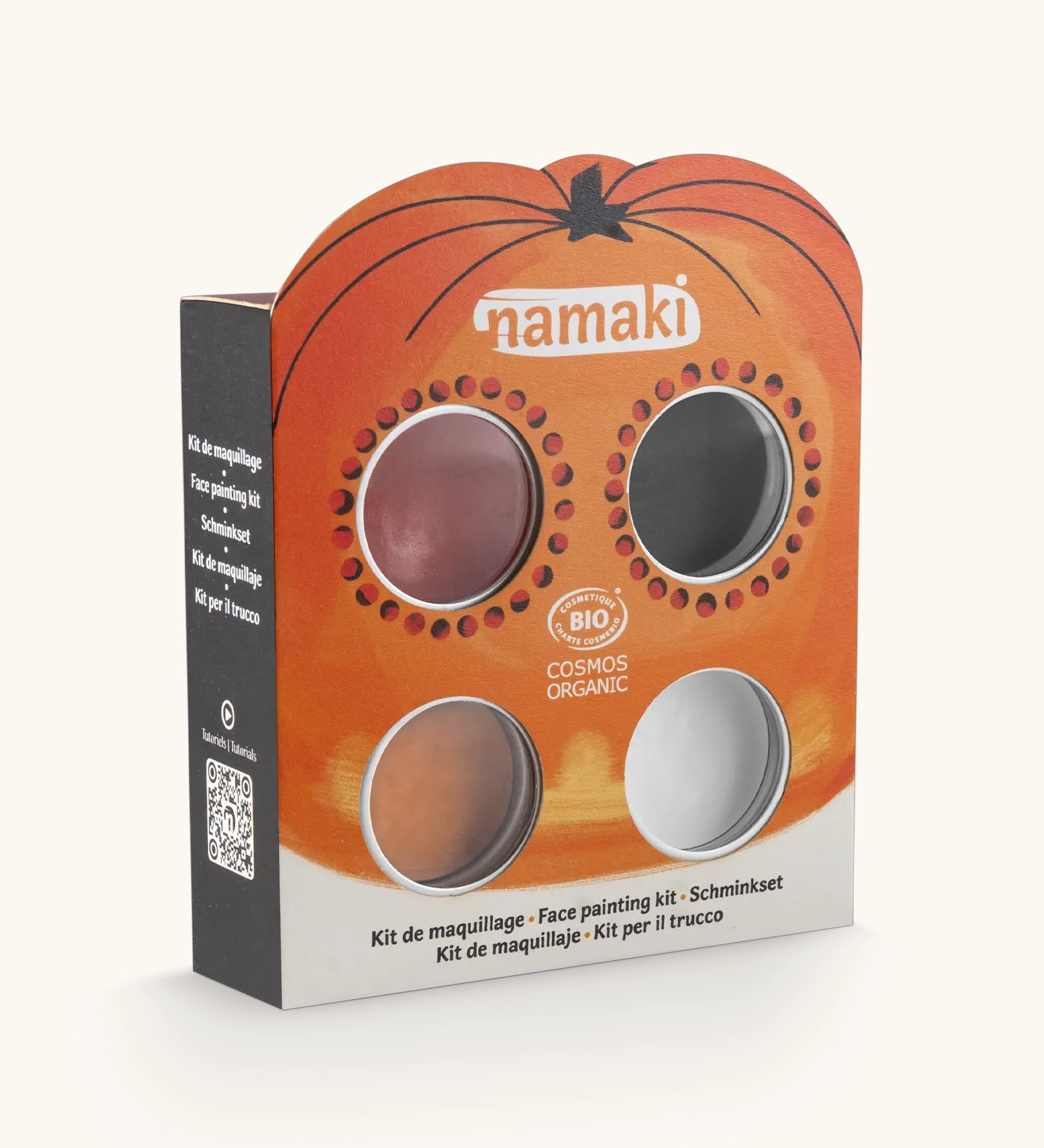 Namaki Halloween face painting kit with four face paints, brush and a sheet of tattoos.