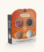 Namaki Halloween face painting kit with four face paints, brush and a sheet of tattoos.