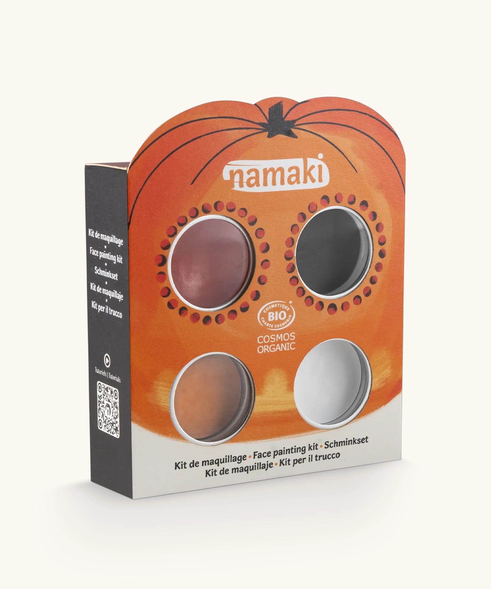 Namaki Halloween face painting kit with four face paints, brush and a sheet of tattoos.