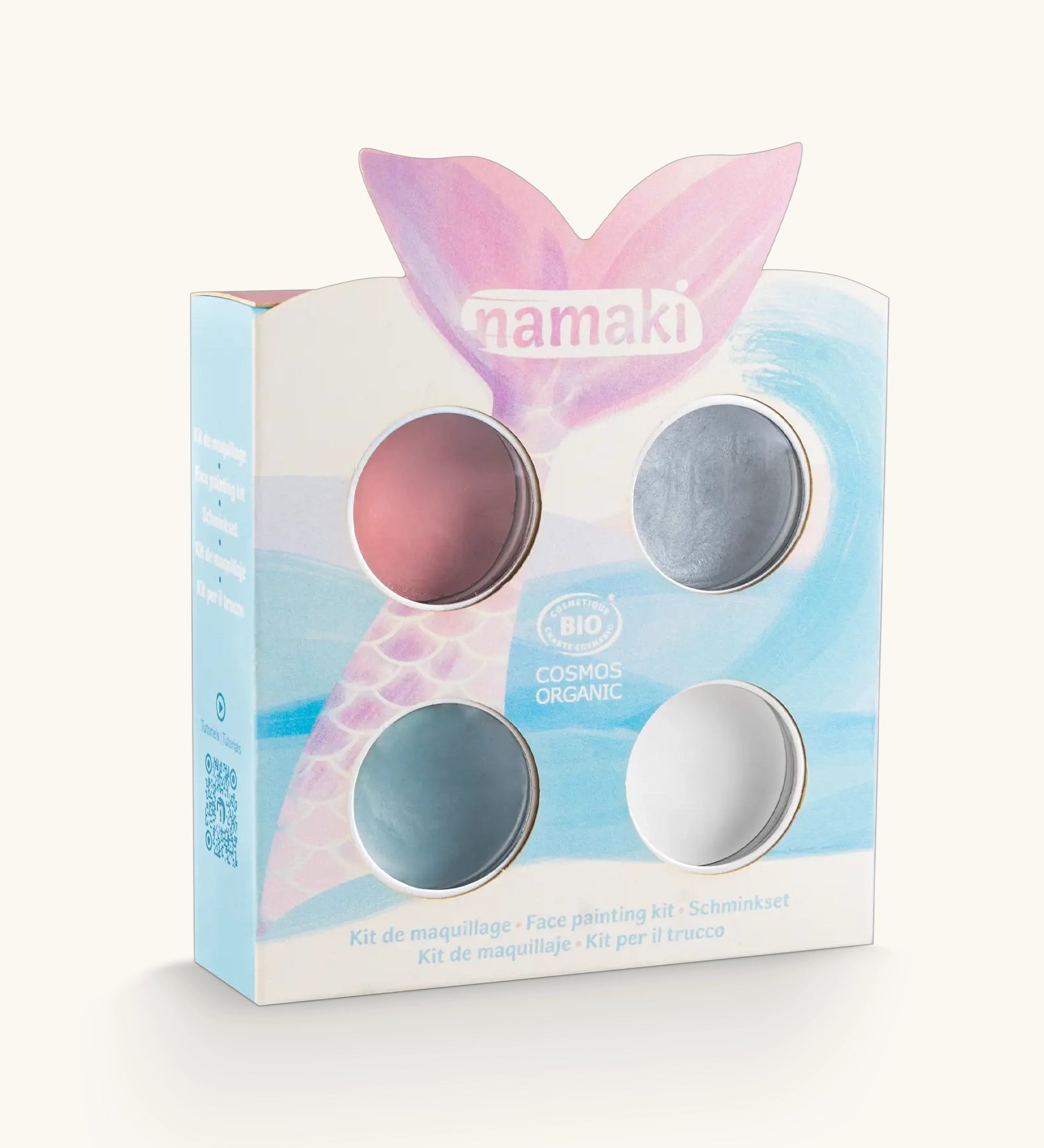 Namaki mermaid face painting kit with four face paints, brush and a sheet of tattoos.