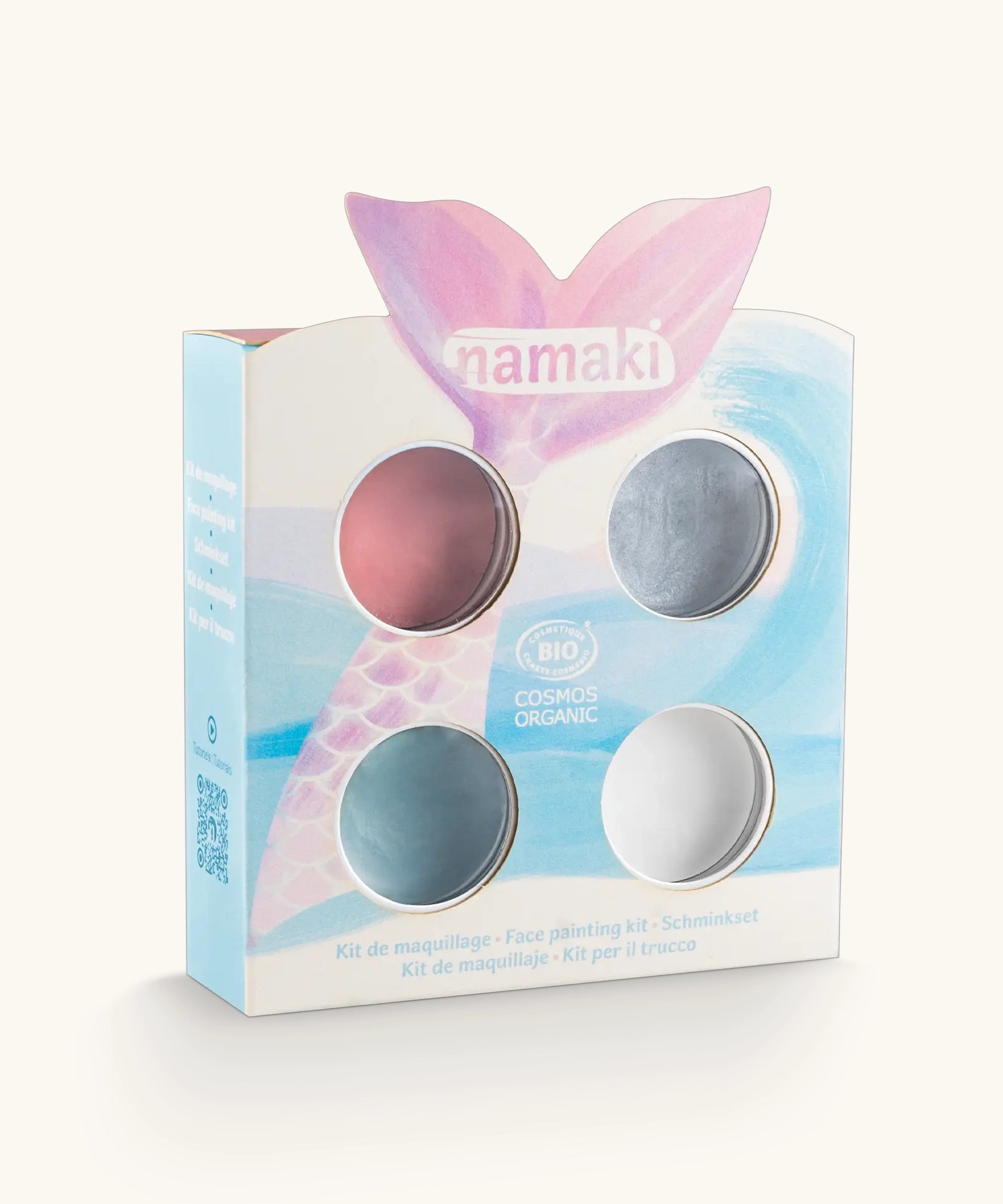 Namaki mermaid face painting kit with four face paints, brush and a sheet of tattoos.