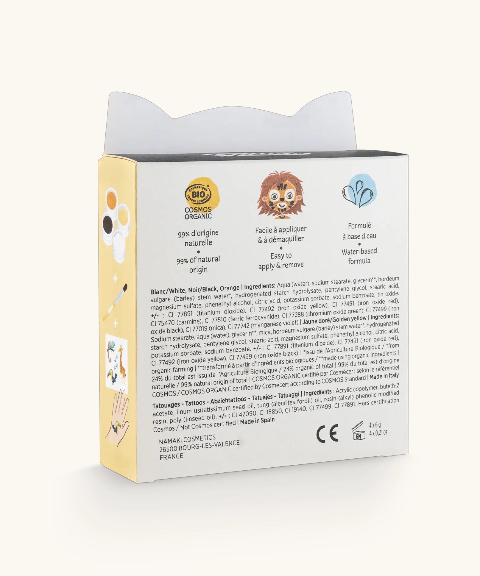 Ingredients listed on the back of the Namaki tiger face painting kit with four face paints, brush and a sheet of tattoos.