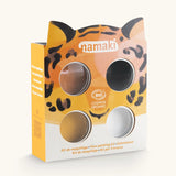 Namaki tiger face painting kit with four face paints, brush and a sheet of tattoos.