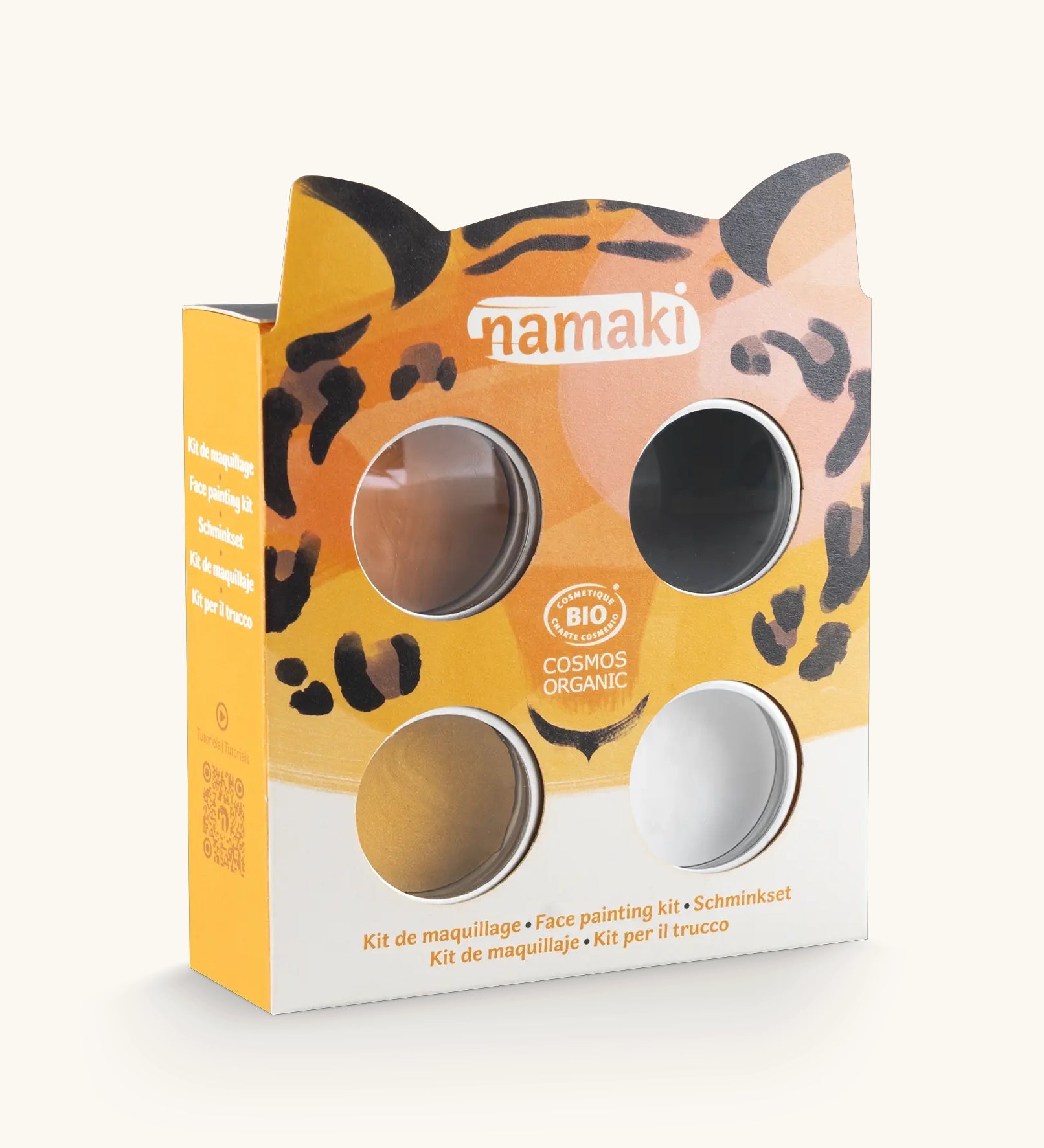 Namaki tiger face painting kit with four face paints, brush and a sheet of tattoos.