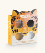 Namaki tiger face painting kit with four face paints, brush and a sheet of tattoos.
