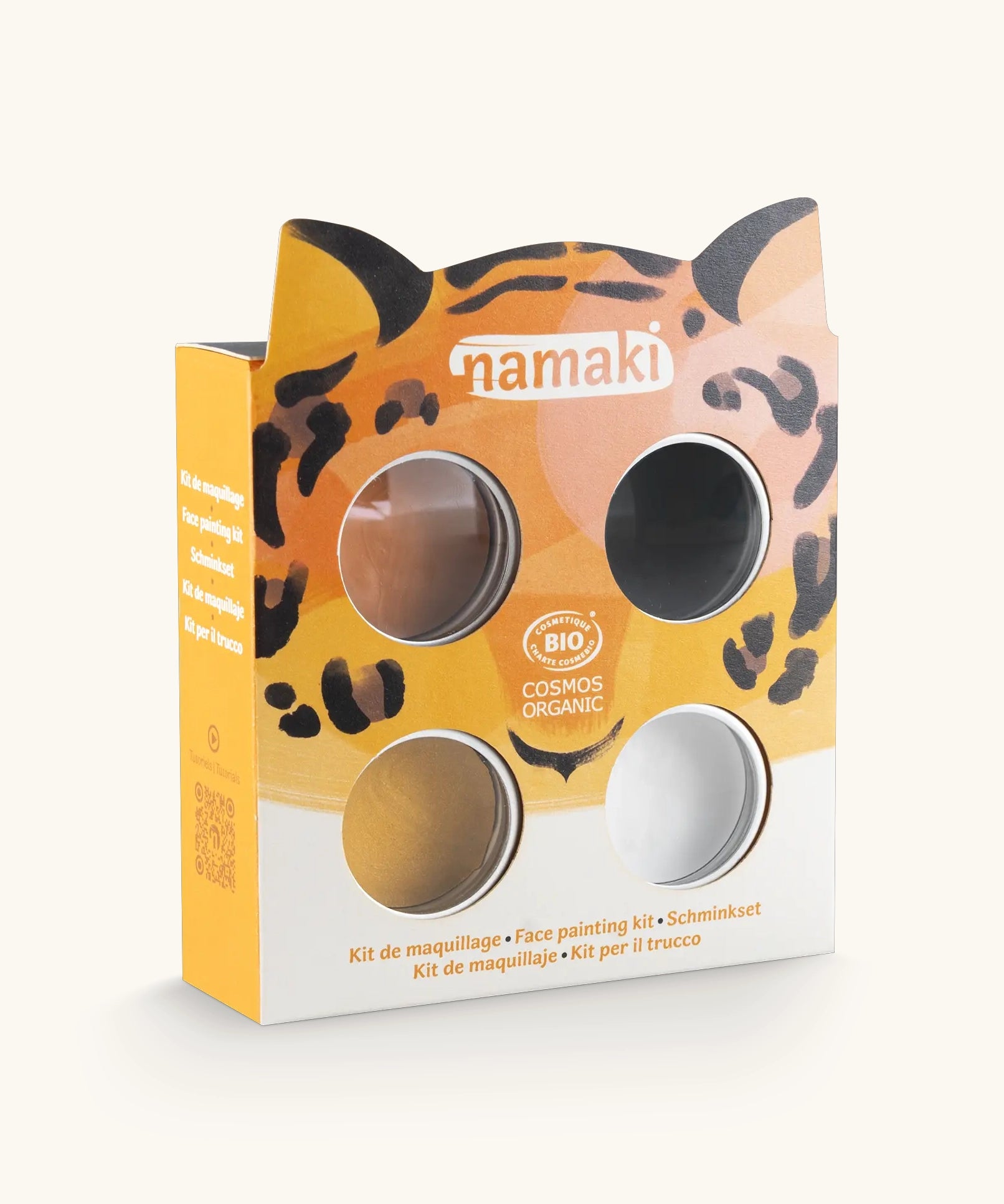 Namaki tiger face painting kit with four face paints, brush and a sheet of tattoos.
